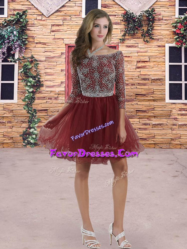  Beading Quinceanera Court Dresses Burgundy Lace Up 3 4 Length Sleeve Mini Length