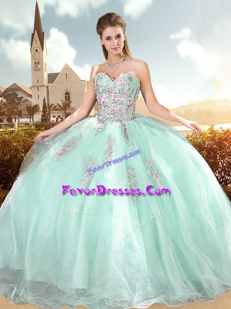  Light Blue Ball Gowns Sweetheart Sleeveless Organza Floor Length Lace Up Beading and Appliques Sweet 16 Dresses