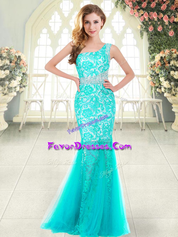  Tulle One Shoulder Sleeveless Zipper Beading and Lace Prom Dresses in Aqua Blue