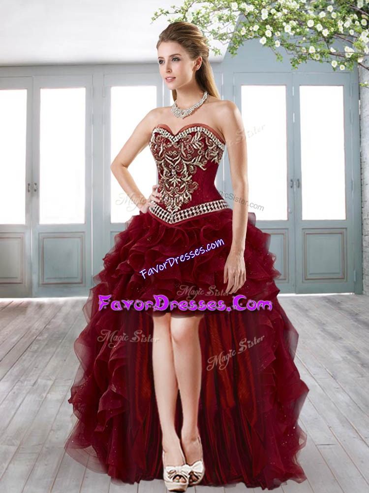  Wine Red Organza Lace Up Sweetheart Sleeveless High Low Prom Party Dress Beading and Ruffles