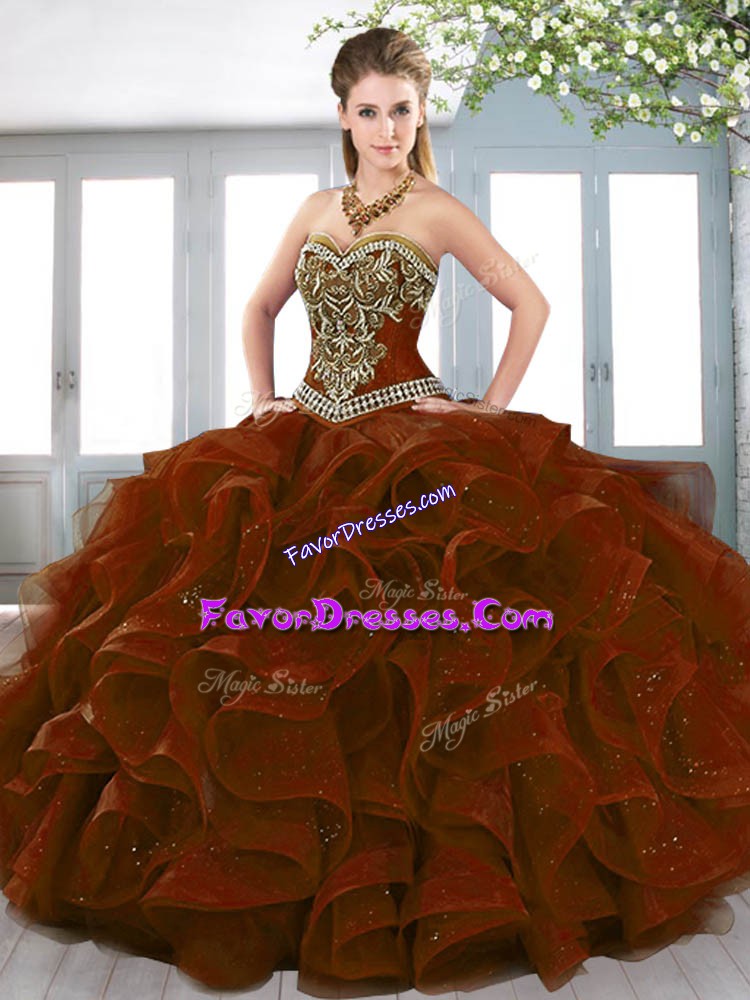 Inexpensive Sleeveless Organza Floor Length Lace Up Sweet 16 Quinceanera Dress in Rust Red with Beading and Embroidery and Ruffles