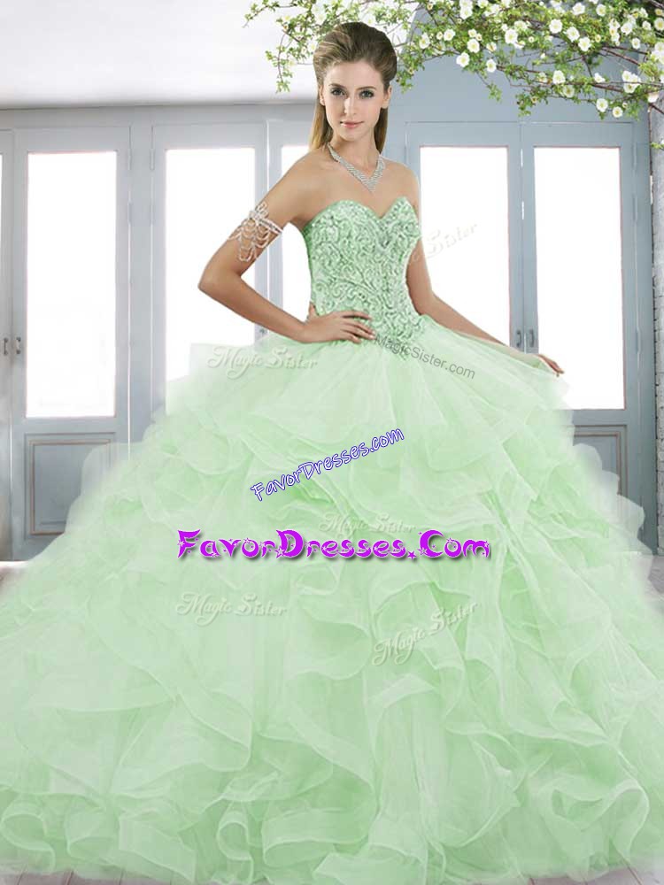 Perfect Apple Green Sweetheart Lace Up Beading and Ruffles 15th Birthday Dress Sleeveless