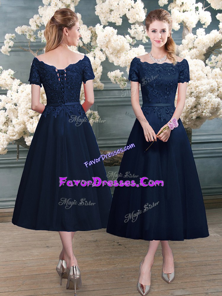 Deluxe Navy Blue Scalloped Zipper Lace Dress for Prom Short Sleeves