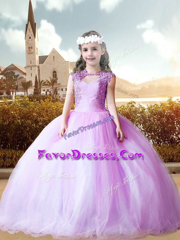 Hot Selling Floor Length Lace Up Little Girl Pageant Dress Lilac for Party and Wedding Party with Beading and Appliques