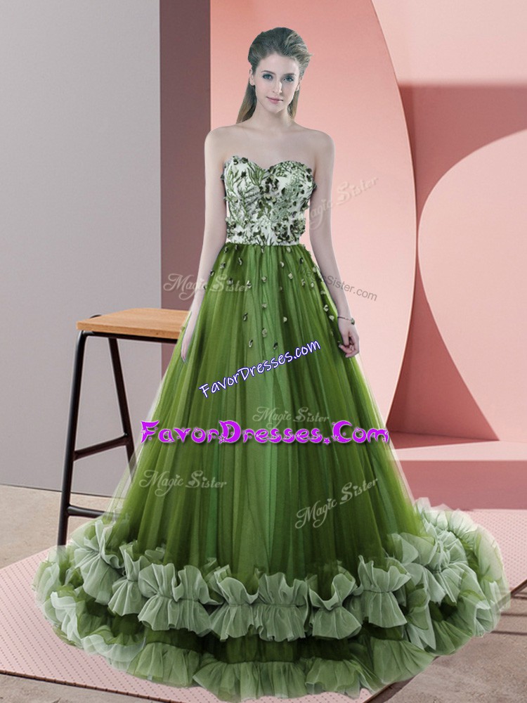  Lace Up Prom Dresses Green for Prom and Party and Military Ball with Beading and Appliques Sweep Train