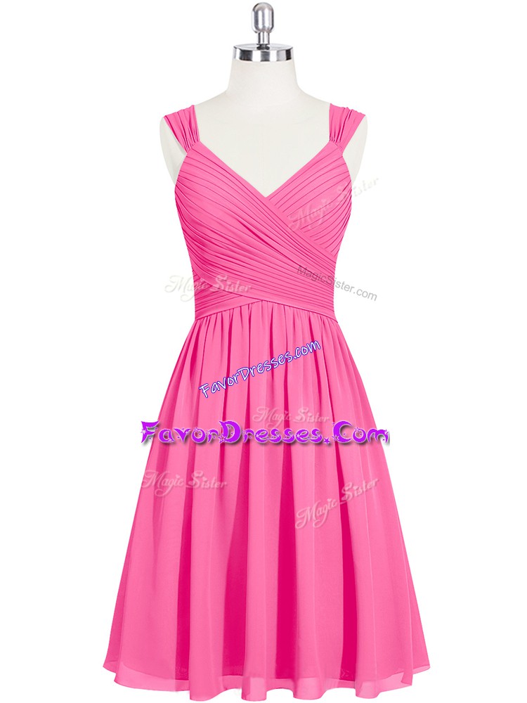  Pink A-line Chiffon Straps Sleeveless Ruching Mini Length Zipper Prom Dresses