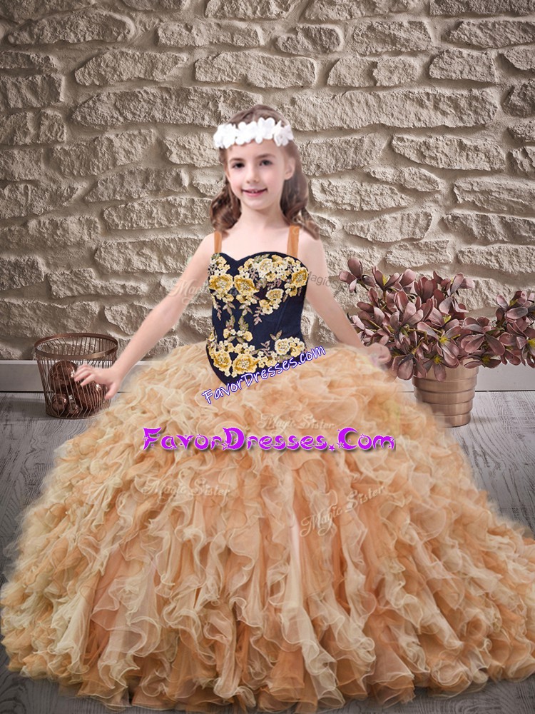  Champagne Lace Up Straps Embroidery and Ruffles Little Girls Pageant Dress Wholesale Organza Sleeveless