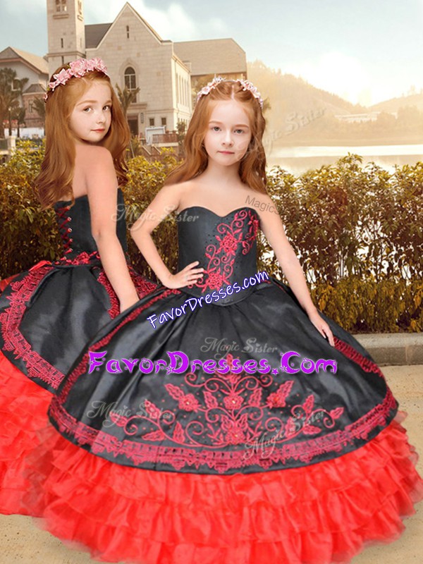 Strapless Sleeveless Lace Up Little Girls Pageant Gowns Red And Black 