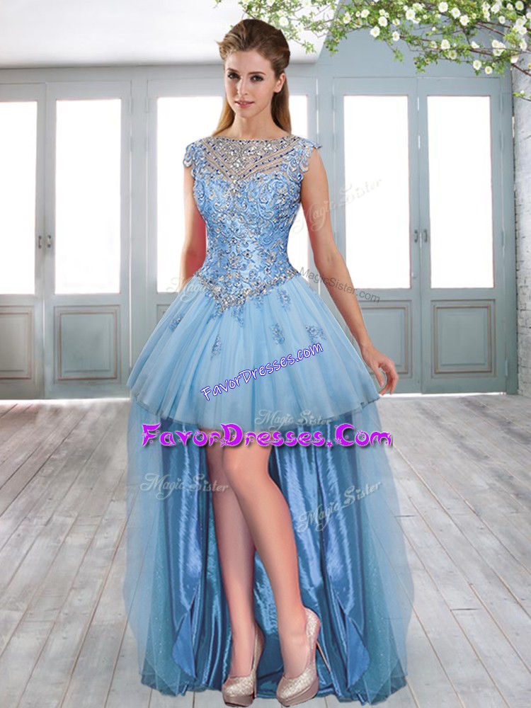  Baby Blue Scoop Neckline Beading and Appliques Prom Evening Gown Sleeveless Lace Up