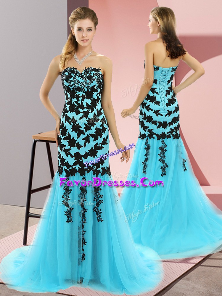  Mermaid Sleeveless Aqua Blue Prom Party Dress Sweep Train Lace Up