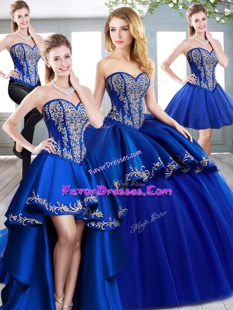  Royal Blue Tulle Lace Up Sweetheart Sleeveless Sweet 16 Dresses Sweep Train Beading and Embroidery