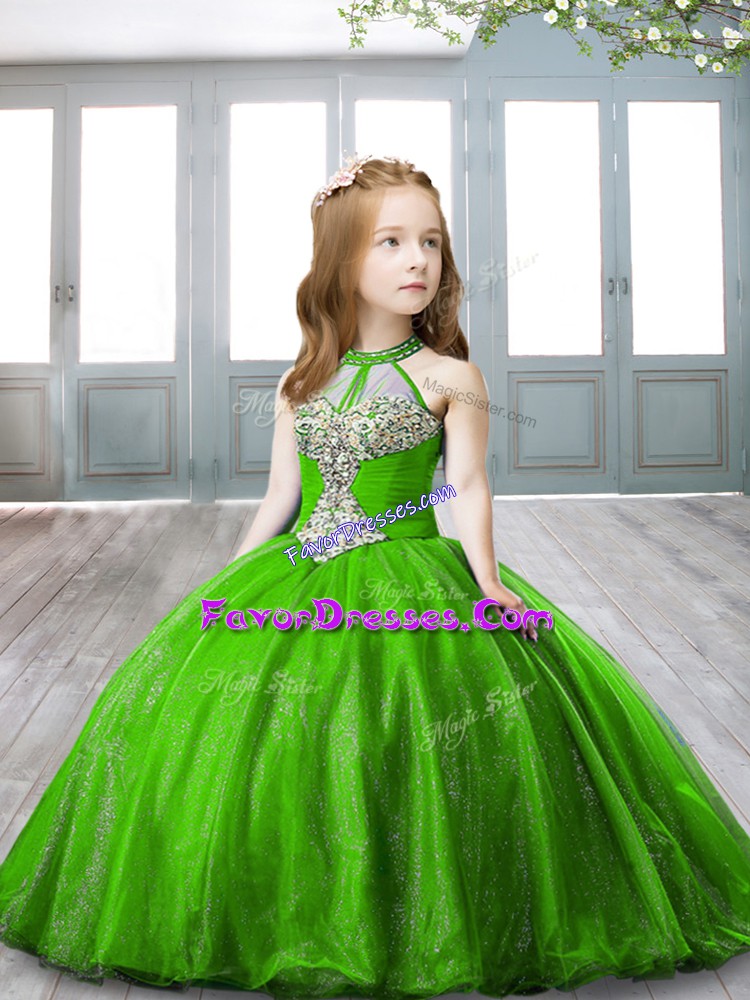  Green Organza Lace Up Little Girls Pageant Gowns Sleeveless Floor Length Beading