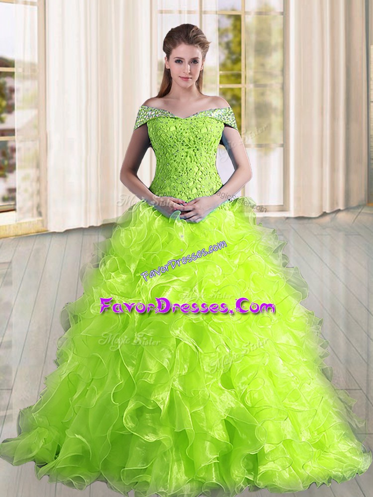 Low Price Yellow Green A-line Off The Shoulder Sleeveless Organza Sweep Train Lace Up Beading and Lace and Ruffles Quinceanera Gowns