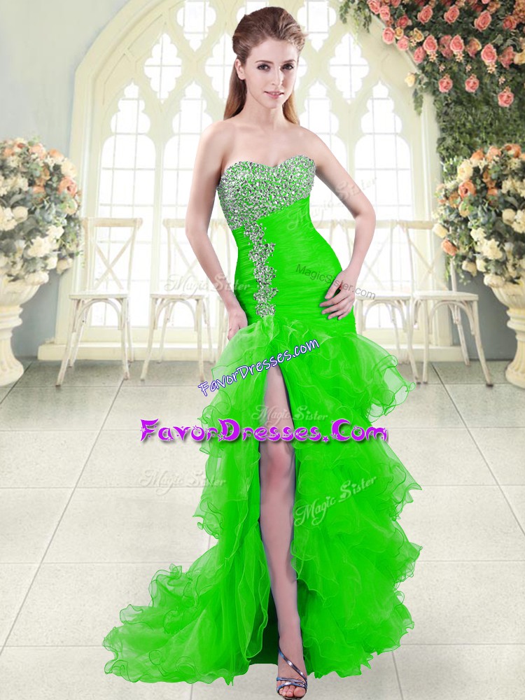Excellent Green Sweetheart Lace Up Beading and Ruffled Layers Brush Train Sleeveless