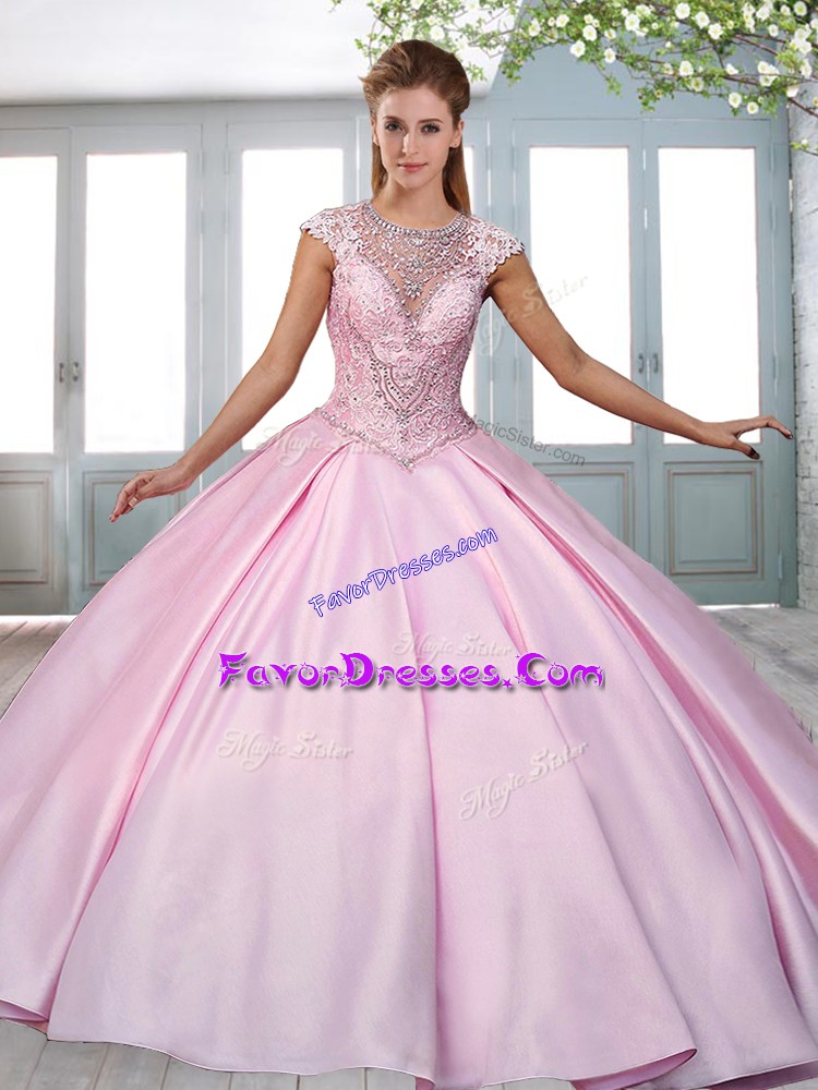 Perfect Rose Pink Lace Up Sweet 16 Dresses Beading and Appliques Cap Sleeves Sweep Train