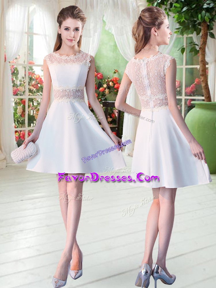 Top Selling White Satin Zipper Dress for Prom Sleeveless Mini Length Lace