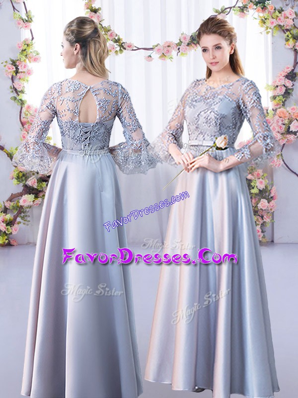  Lace Bridesmaid Gown Silver Lace Up 3 4 Length Sleeve Floor Length