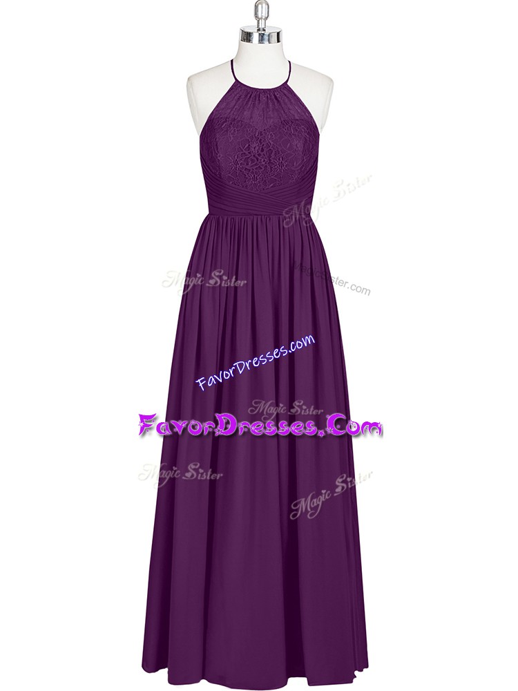  Sleeveless Chiffon Floor Length Zipper Prom Dress in Eggplant Purple with Lace