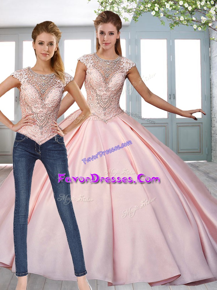 Pretty Satin Scoop Cap Sleeves Sweep Train Lace Up Beading Sweet 16 Quinceanera Dress in Pink 