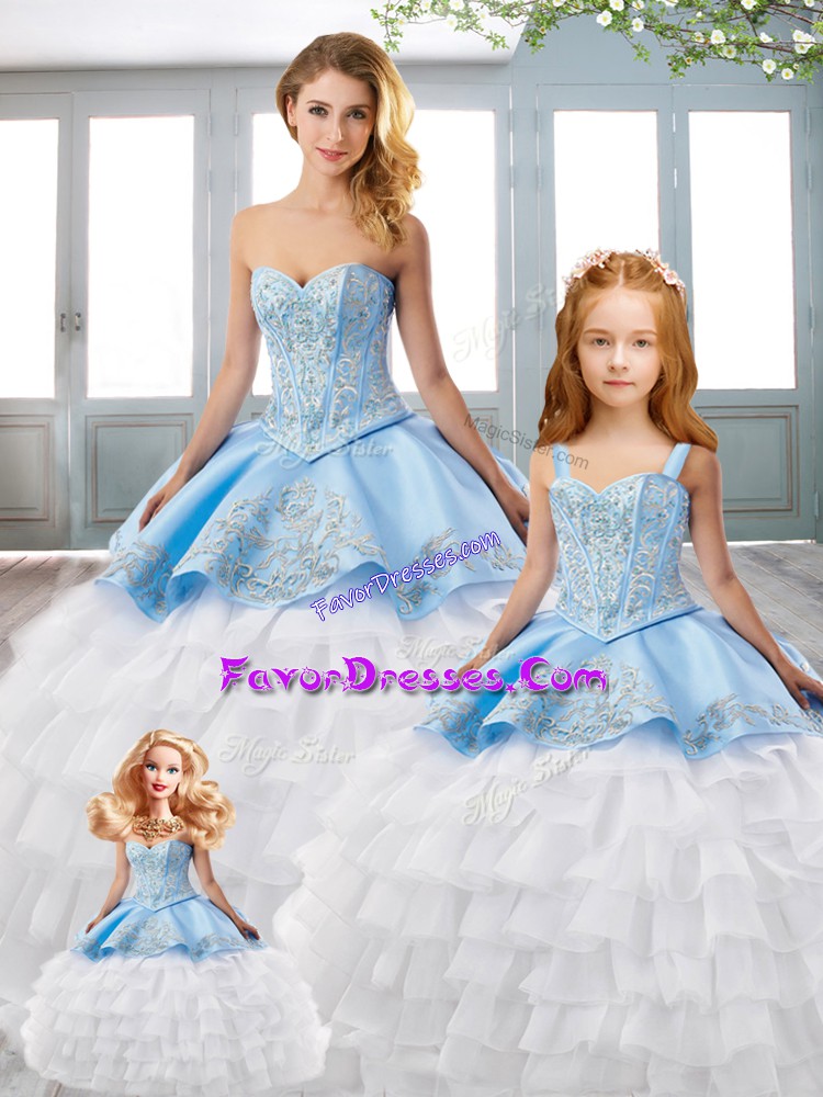  Blue And White Satin and Organza Lace Up Sweetheart Sleeveless Vestidos de Quinceanera Court Train Embroidery and Ruffled Layers