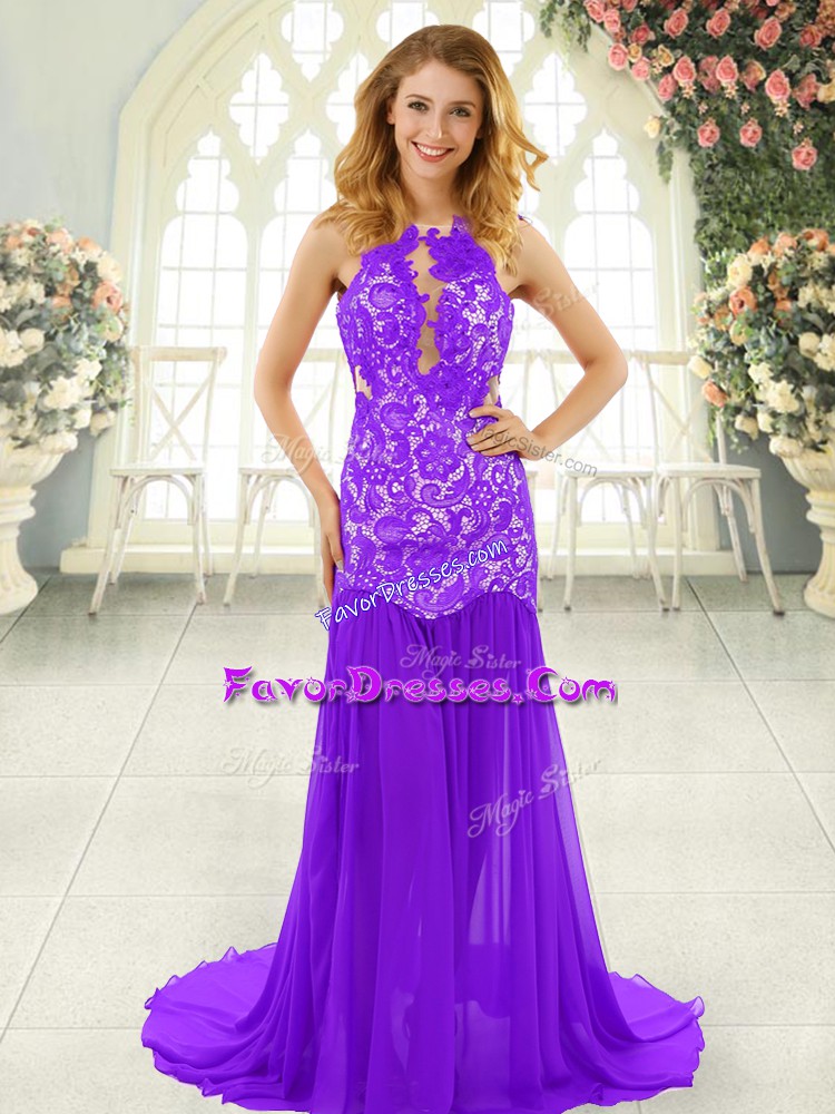 Ideal Lavender Sleeveless Chiffon Brush Train Backless Evening Dress for Prom and Party