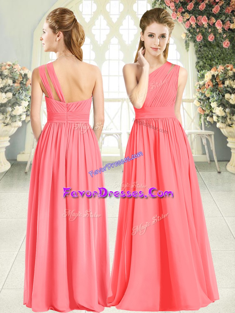 Traditional Floor Length Zipper Homecoming Dress Watermelon Red for Prom and Party with Ruching