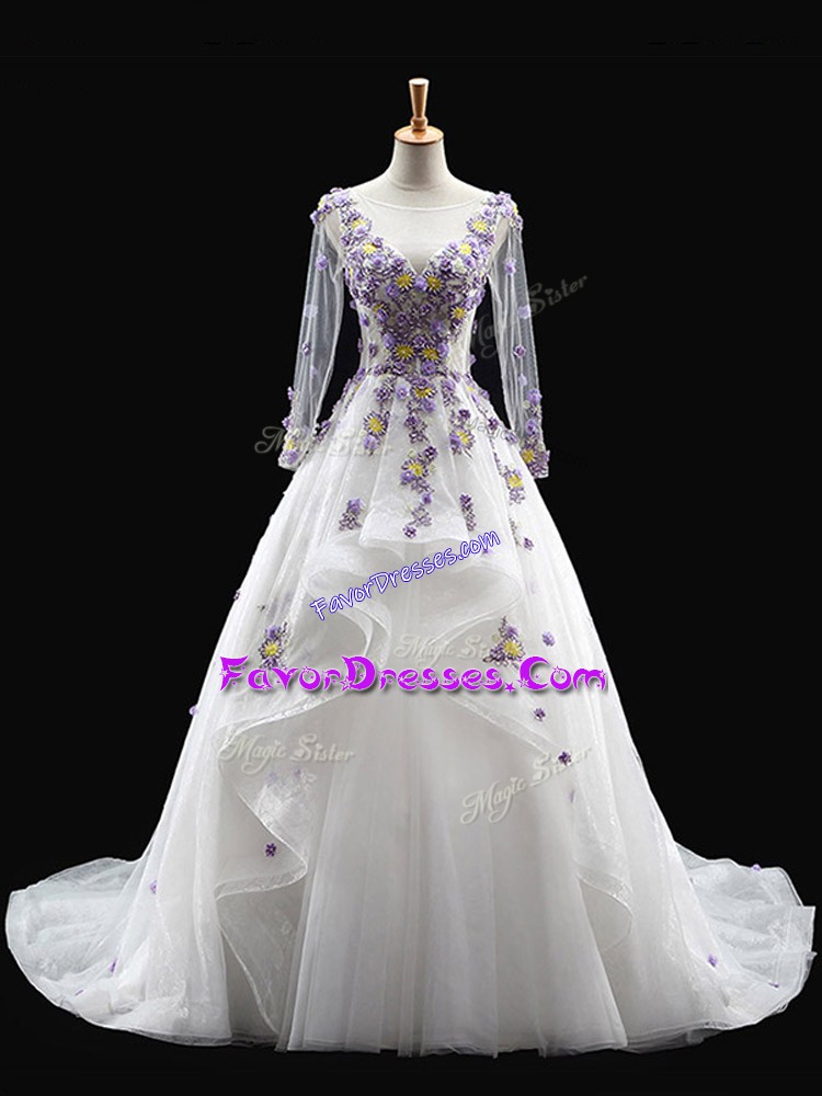 Dramatic White Tulle Backless Scoop Long Sleeves Ball Gown Prom Dress Brush Train Appliques