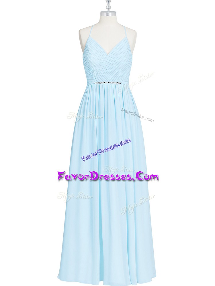  Floor Length Light Blue Prom Party Dress Chiffon Sleeveless Ruching and Pleated