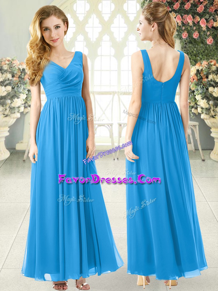  Sleeveless Chiffon Ankle Length Zipper Prom Dress in Blue with Ruching