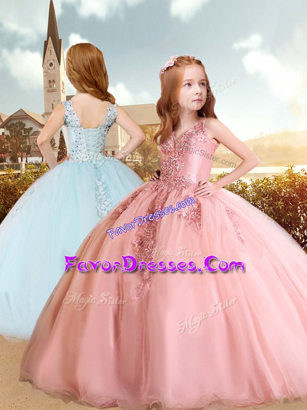  Pink Sleeveless Tulle Lace Up Child Pageant Dress for Party and Wedding Party
