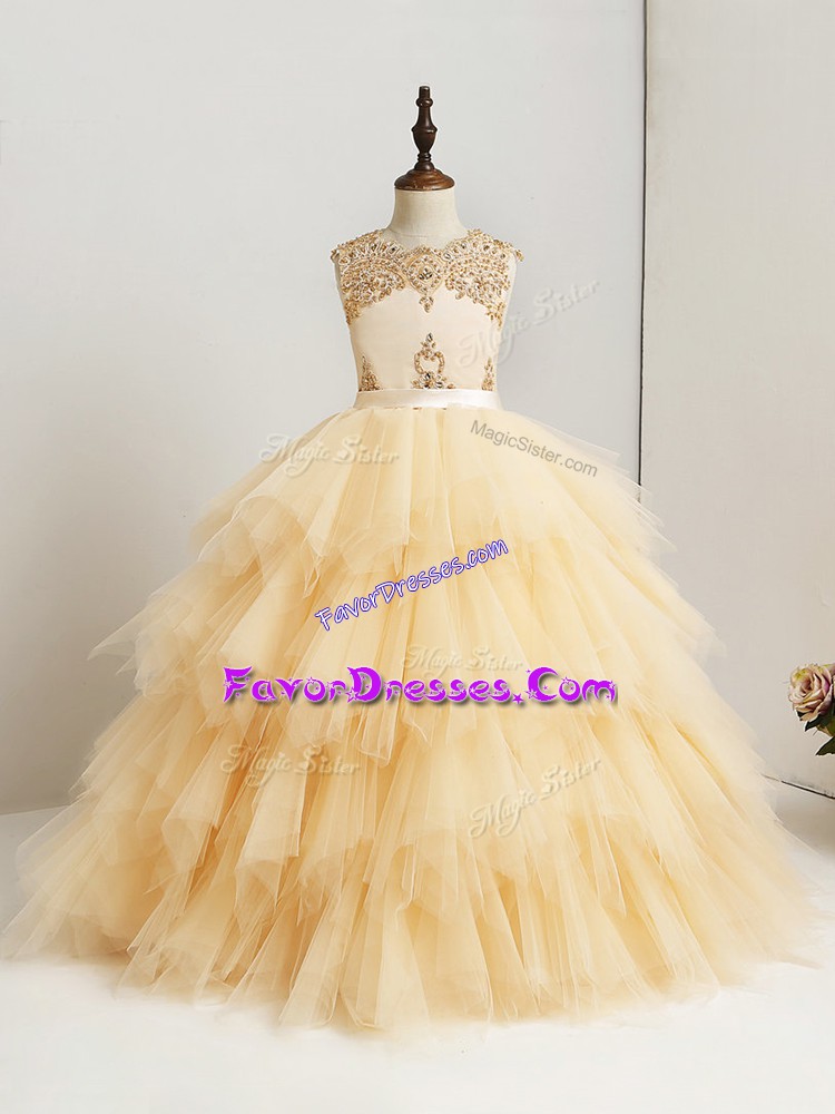 Perfect Gold Zipper Scoop Beading and Ruffles Kids Pageant Dress Tulle Sleeveless