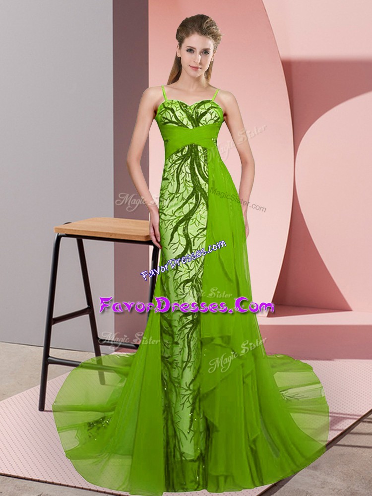 Sleeveless Tulle Sweep Train Zipper Homecoming Dress in Green with Beading and Lace