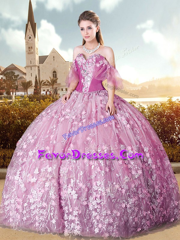  Lilac Tulle Lace Up 15 Quinceanera Dress Sleeveless Floor Length Sweep Train Appliques