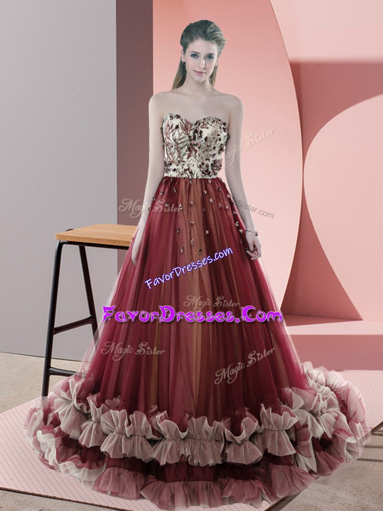 Popular Red Sleeveless Sweep Train Beading Prom Party Dress