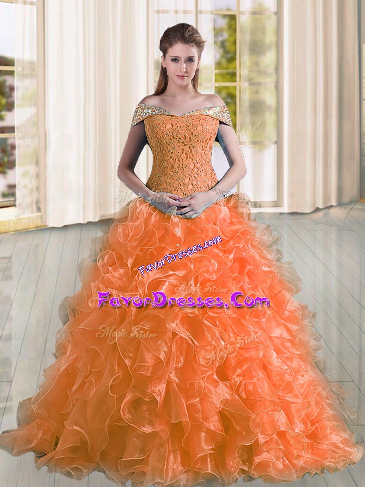  Orange Off The Shoulder Neckline Beading and Lace and Ruffles Sweet 16 Dresses Sleeveless Lace Up
