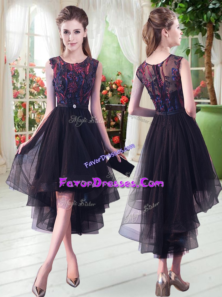 Excellent Tulle Scoop Sleeveless Zipper Appliques Prom Dresses in Black