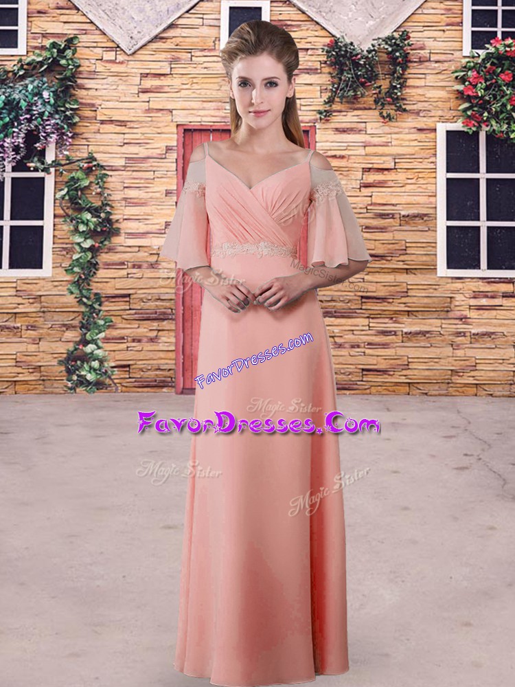 Exquisite Straps Half Sleeves Damas Dress Floor Length Lace Pink and Peach Chiffon