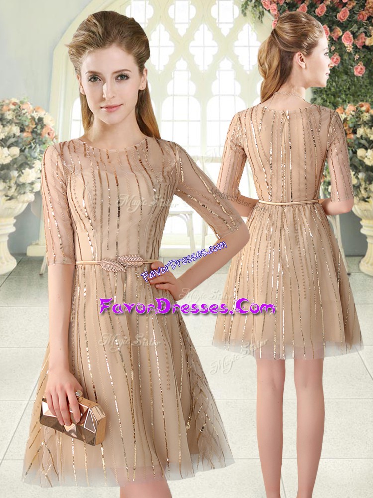 Fashion Champagne Zipper Scoop Sequins Prom Gown Tulle Half Sleeves