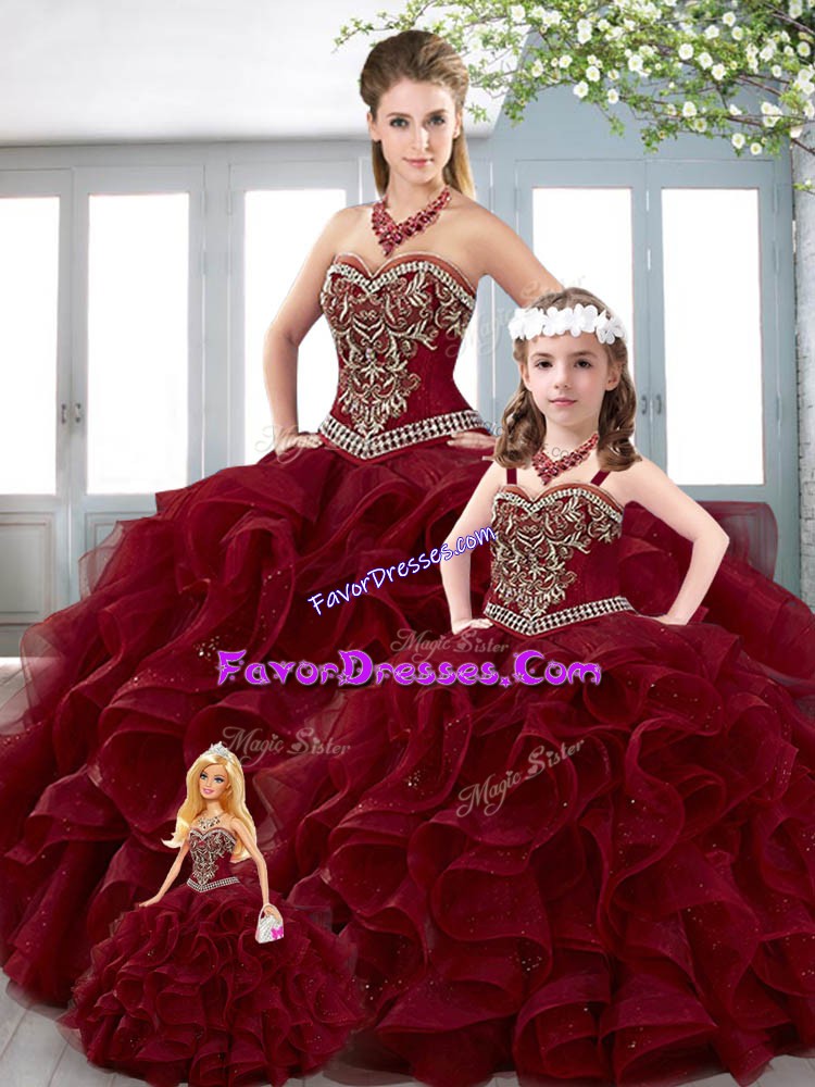  Burgundy 15th Birthday Dress Military Ball and Sweet 16 and Quinceanera with Beading and Embroidery and Ruffles Sweetheart Sleeveless Lace Up