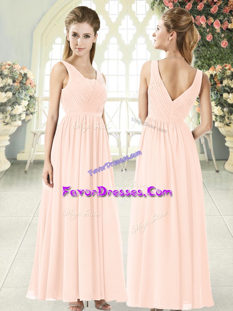 Comfortable Pink Empire V-neck Sleeveless Chiffon Floor Length Zipper Ruching Dress for Prom