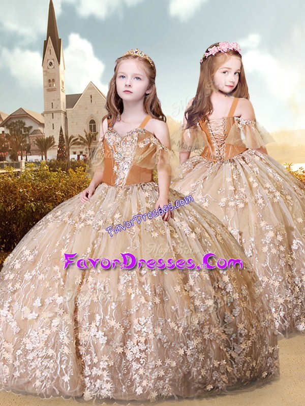  Champagne Short Sleeves Appliques Floor Length Child Pageant Dress