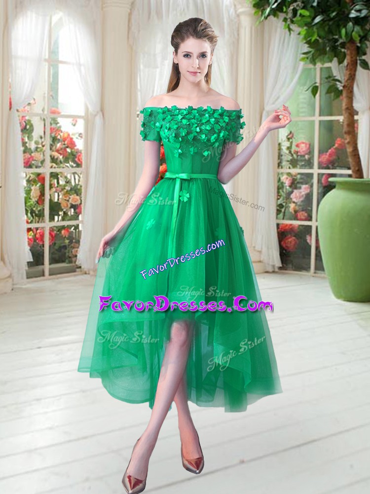  Short Sleeves Tulle High Low Lace Up Homecoming Dress in Green with Appliques