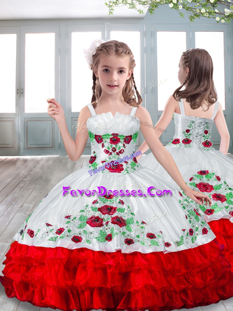  Sleeveless Floor Length Little Girls Pageant Dress and Embroidery