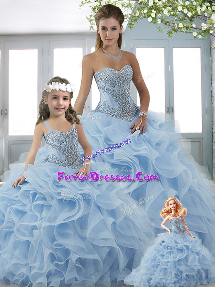  Light Blue Sleeveless Beading and Ruffles Lace Up Sweet 16 Quinceanera Dress