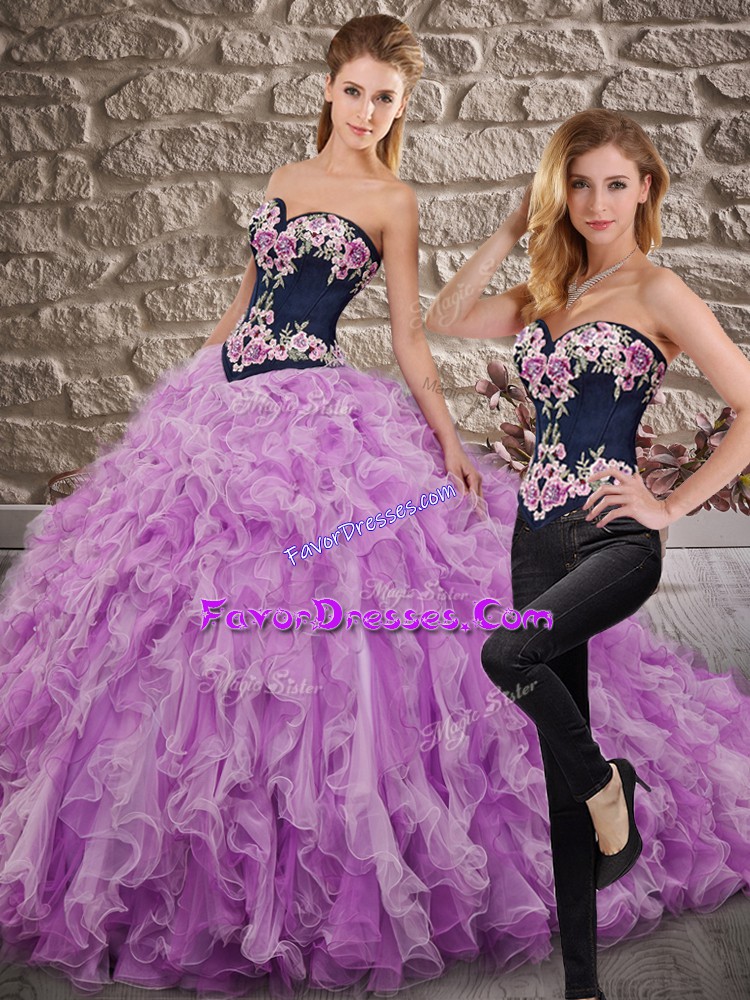  Sleeveless Organza Sweep Train Lace Up Sweet 16 Dresses in Lilac with Embroidery and Ruffles