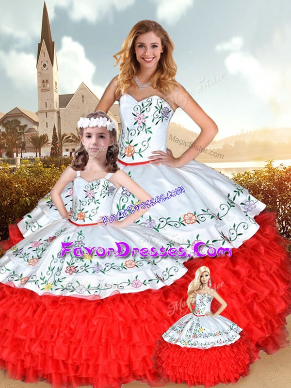 Shining Red Sleeveless Satin and Organza Lace Up Quinceanera Dresses for Military Ball and Sweet 16 and Quinceanera