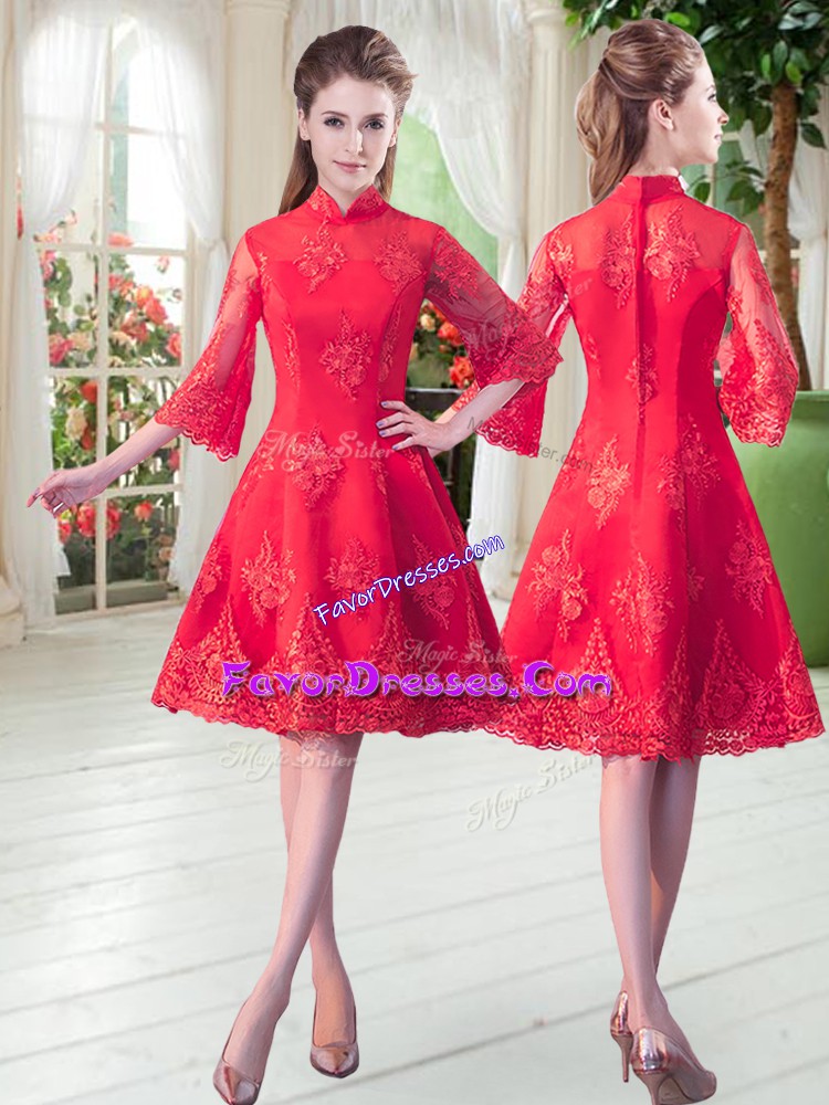 Custom Designed 3 4 Length Sleeve Knee Length Lace Zipper with Red