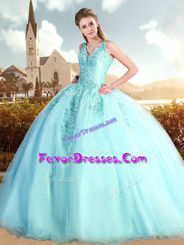 Glorious Lace Up Quinceanera Dresses Aqua Blue for Military Ball and Sweet 16 and Quinceanera with Beading and Lace Sweep Train