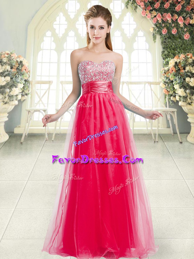  Coral Red Sweetheart Neckline Beading Prom Dress Sleeveless Lace Up