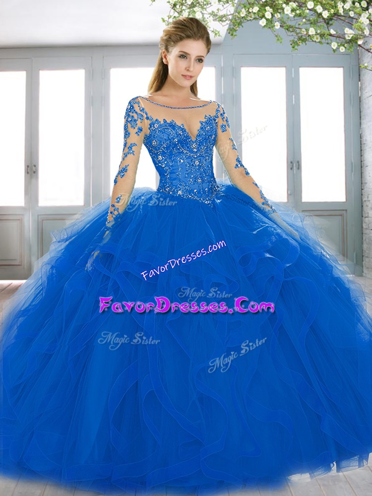  Long Sleeves Tulle Brush Train Lace Up Sweet 16 Dress in Royal Blue with Beading and Ruffles